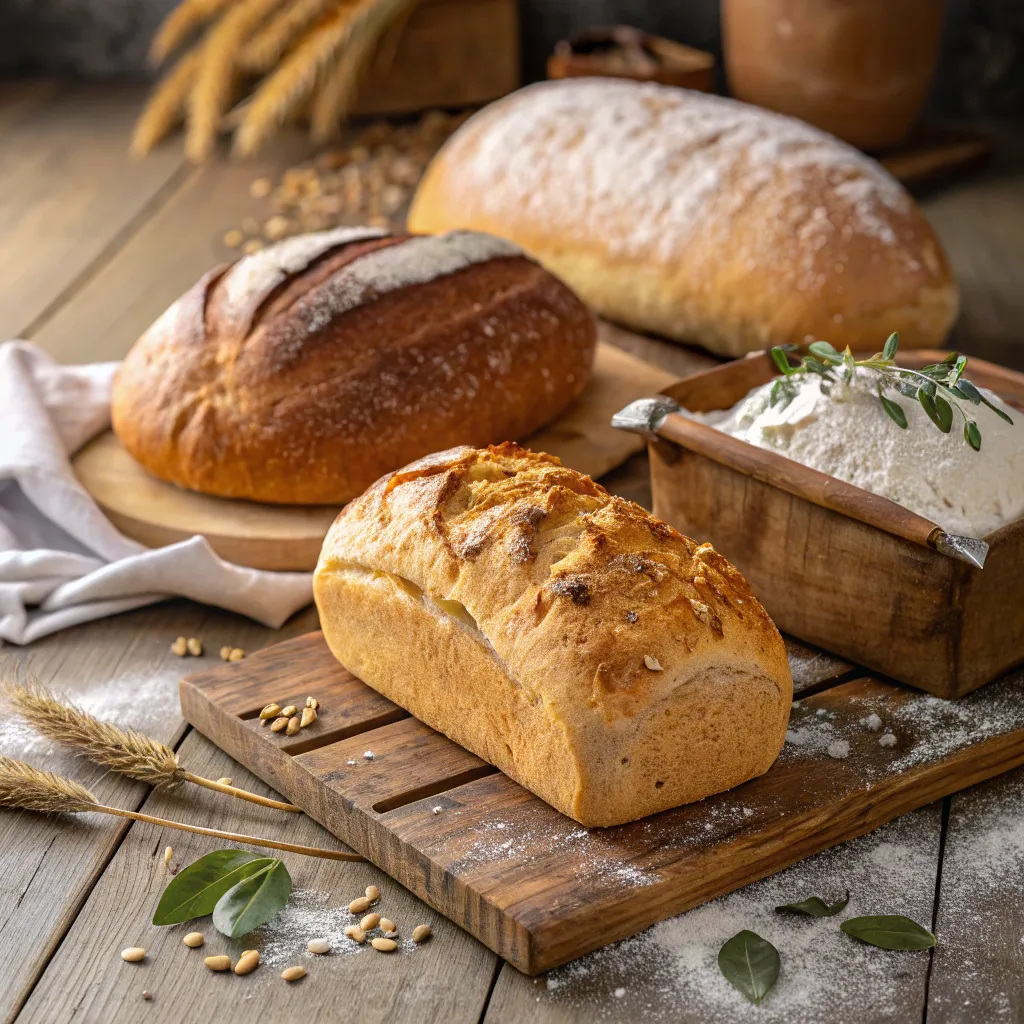 Freshly baked bread from AELTHIRON Bakery displaying an assortment of loaves.