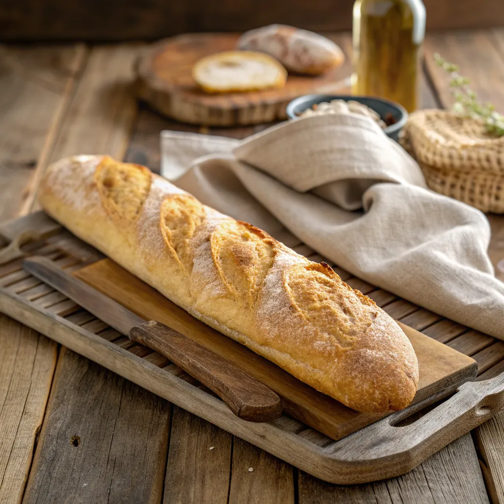 Freshly baked French Baguette displayed on a rustic wooden table